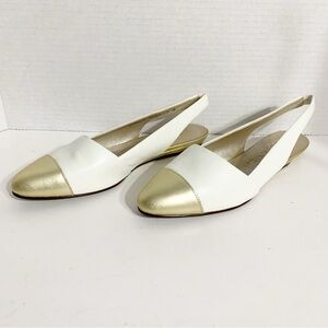Connie Razzle Two Toned Leather Slingback Rounded Pointed Toe Slight Wedge 🟡⚪️